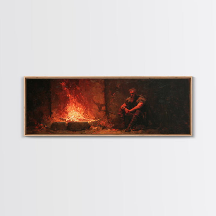 Brooding Medieval Warrior Beside Fiery Hearth Canvas Print, Moody Dark Fantasy Wall Art, Rustic Man Cave Decor Gift For Him