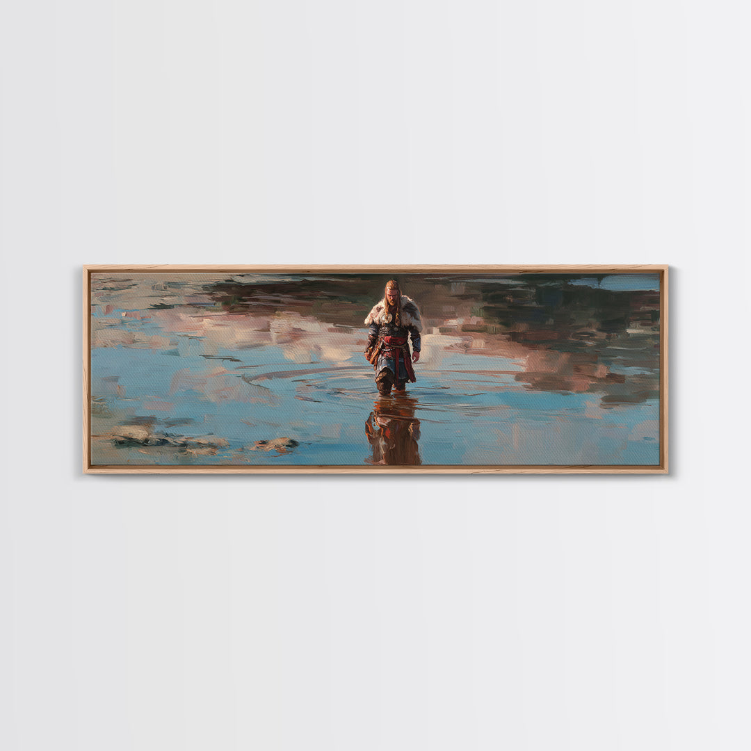 Viking Warrior Walking Through Water Canvas Print, Nordic Fantasy Landscape Wall Art, Rustic Masculine Decor For Home Office