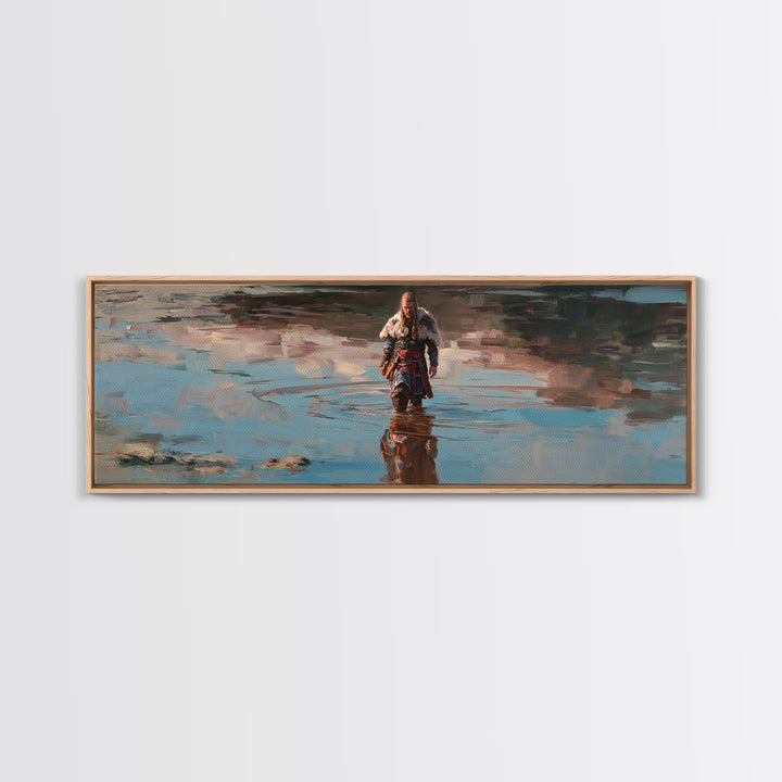 Viking Warrior Walking Through Water Canvas Print, Nordic Fantasy Landscape Wall Art, Rustic Masculine Decor For Home Office