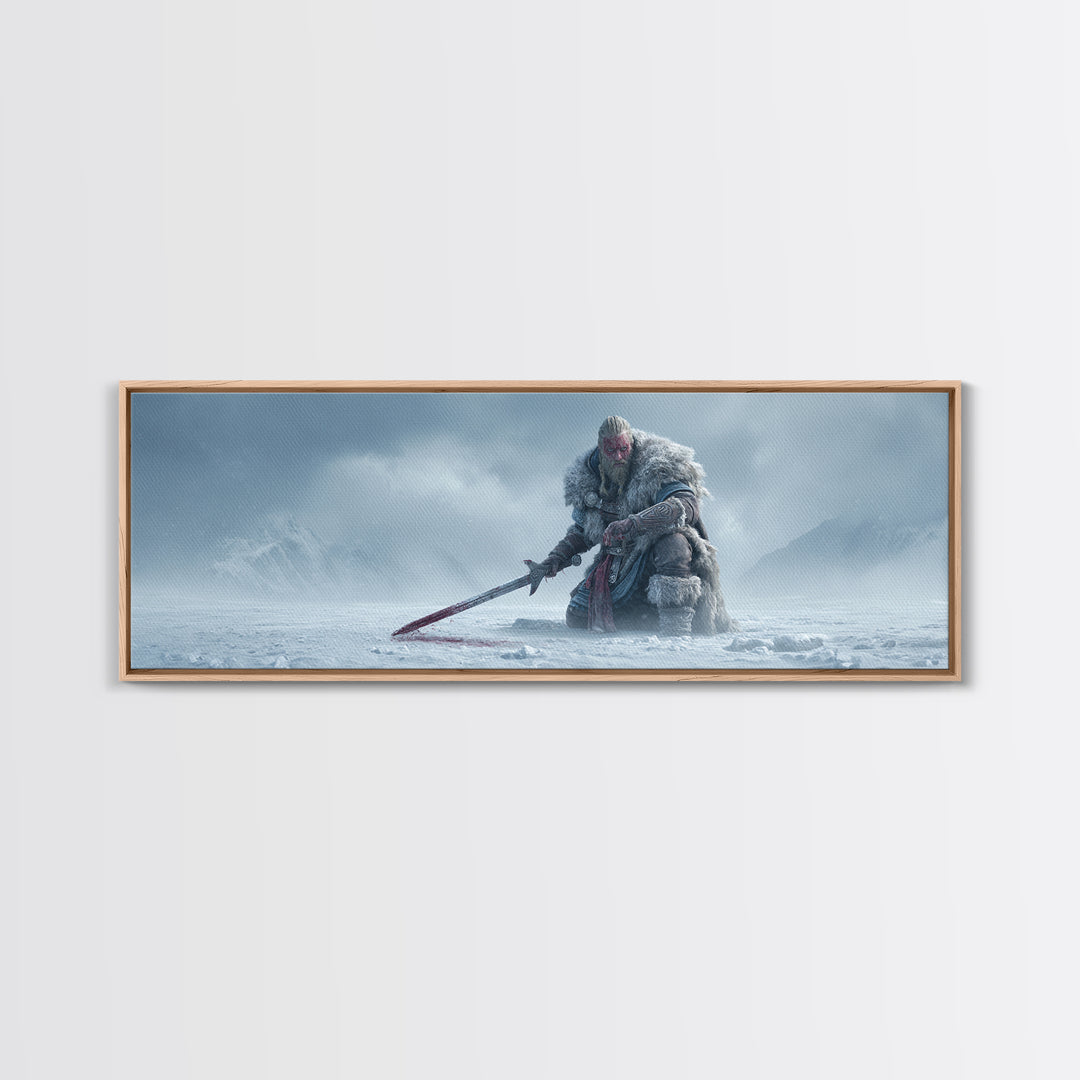 Frost Giant Warrior Kneeling In Snow Framed Canvas Print, Dark Fantasy Wall Art, Winter Mountain Decor, Epic Sword Artwork