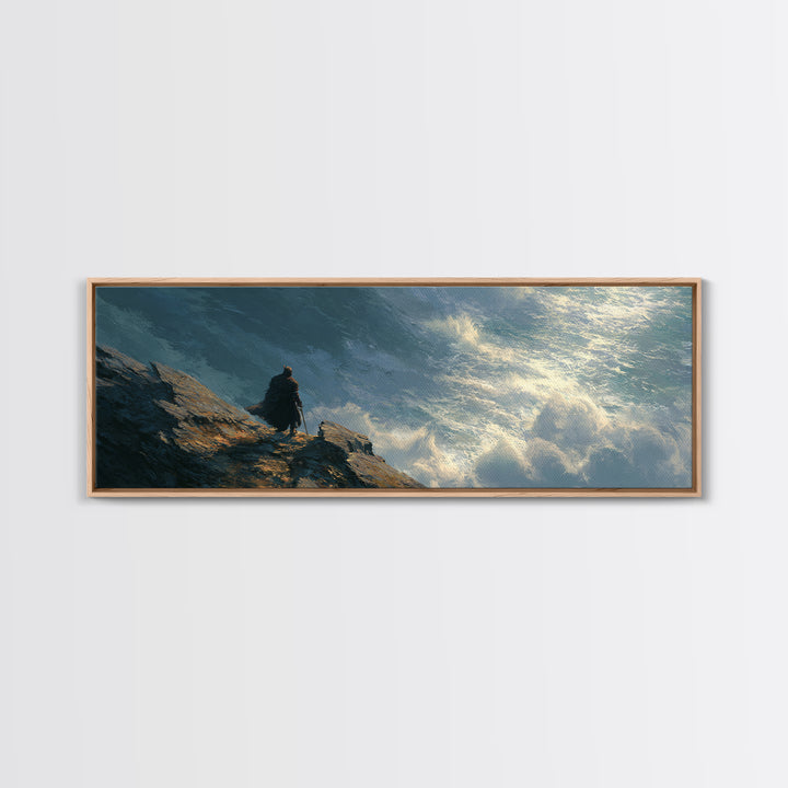 Cloaked Figure Above Crashing Ocean Wall Art, Moody Seascape Framed Canvas Print, Coastal Landscape Living Room Decor Gift