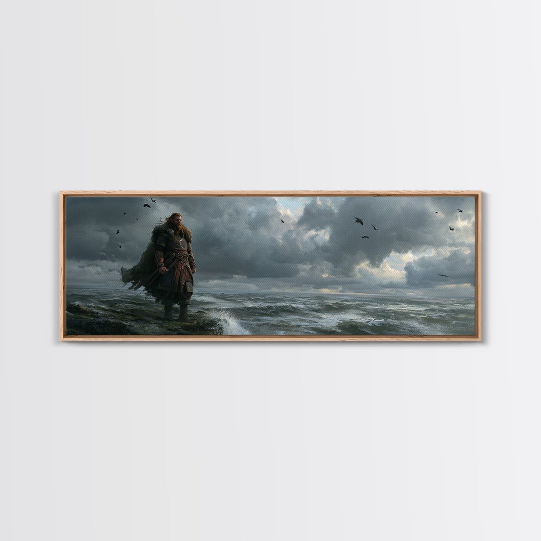 Stormy Viking By Rough Sea Framed Canvas Print, Dark Nordic Warrior Wall Decor, Raven Coastal Fantasy Art For Living Room