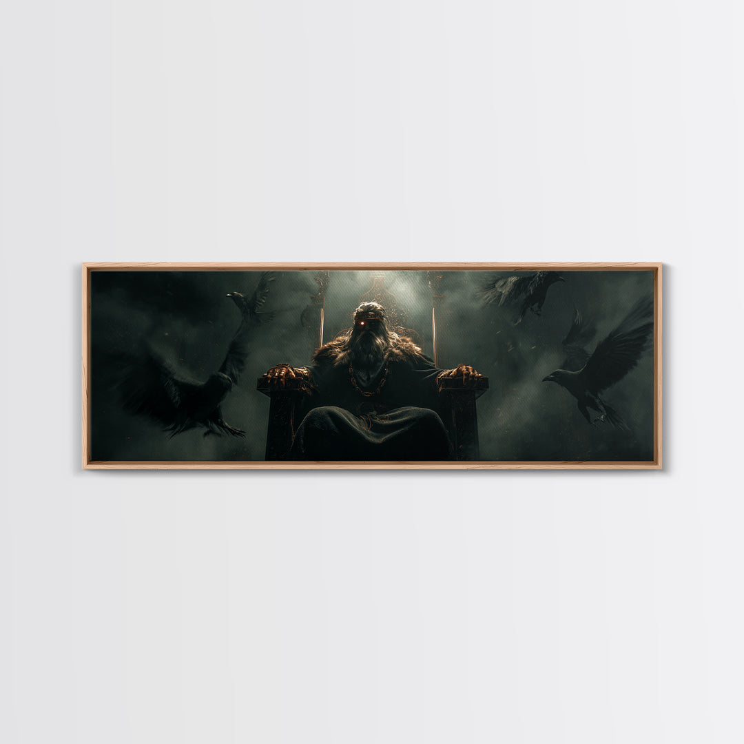Raven King On Shadow Throne Wall Art, Dark Fantasy Framed Canvas Print, Gothic Castle Decor, Moody Statement Artwork, Game Room Decor