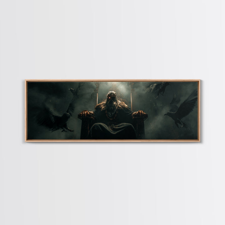 Raven King On Shadow Throne Wall Art, Dark Fantasy Framed Canvas Print, Gothic Castle Decor, Moody Statement Artwork, Game Room Decor