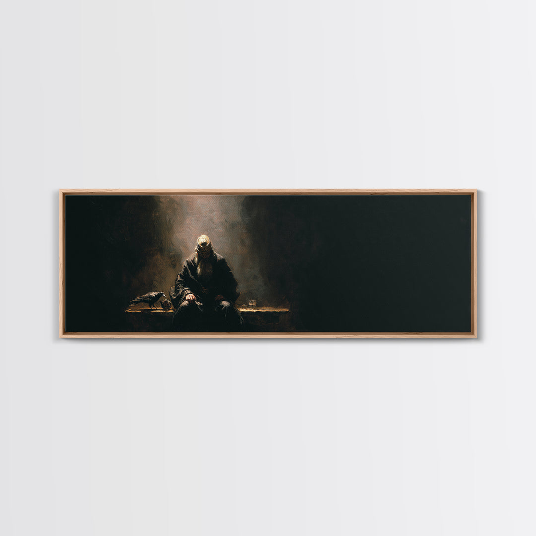 Seated Warrior In Shadow With Raven Framed Canvas Print, Dark Academia Wall Art, Gothic Medieval Decor, Moody Art, Man Cave Decor