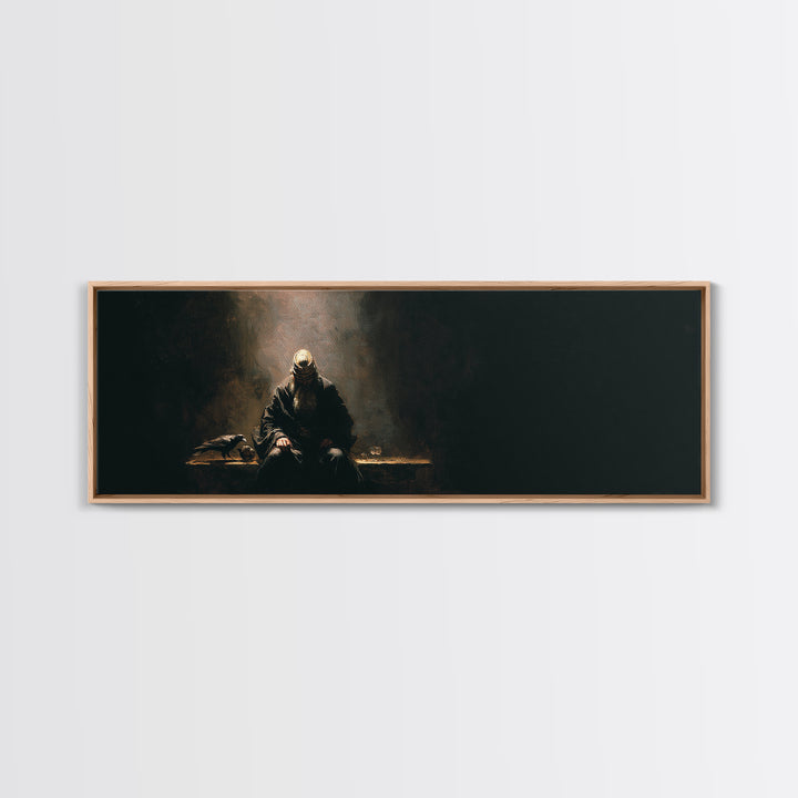 Seated Warrior In Shadow With Raven Framed Canvas Print, Dark Academia Wall Art, Gothic Medieval Decor, Moody Art, Man Cave Decor