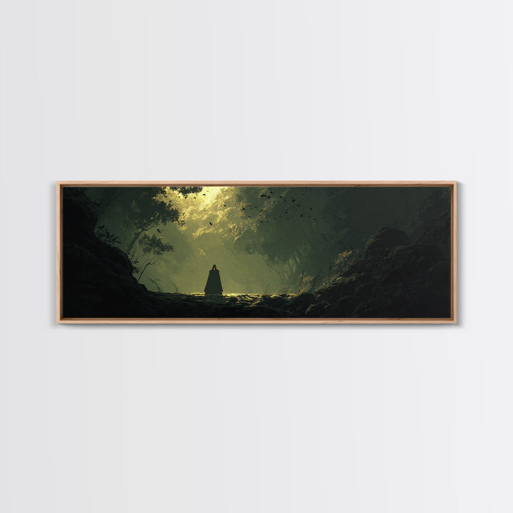 Cloaked Figure In Enchanted Forest Canvas Print, Dark Fantasy Landscape Art, Moody Wall Decor, Gothic Home Decor, Gift For Her
