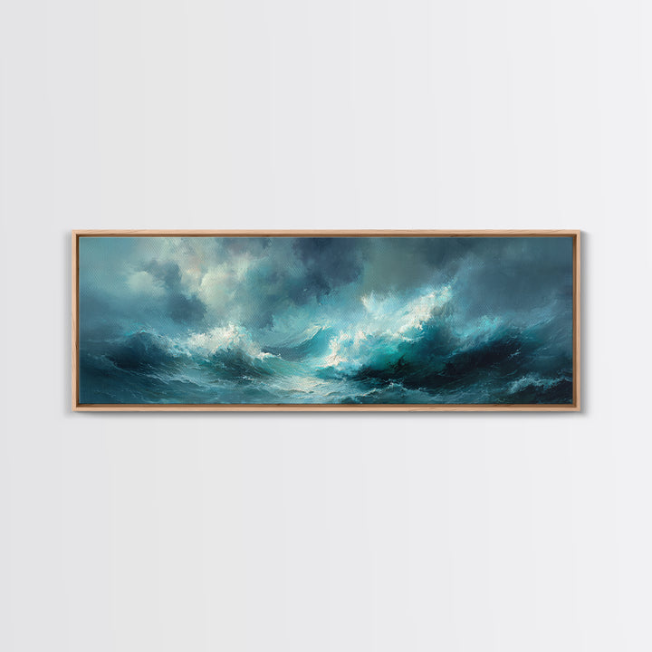 Stormy Teal Ocean Waves Wall Art, Moody Seascape Canvas Print, Coastal Living Room Decor, Large Abstract Ocean Painting Print