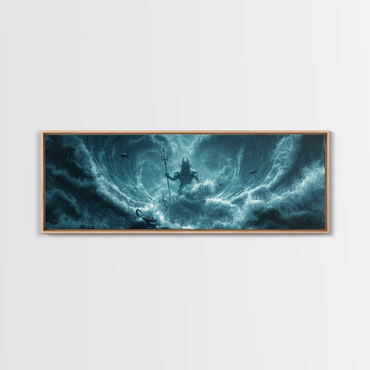 Storm God Rising From Ocean Waves Canvas Print, Poseidon Trident Fantasy Art, Dramatic Nautical Wall Decor For Men, Coastal Storm Artwork