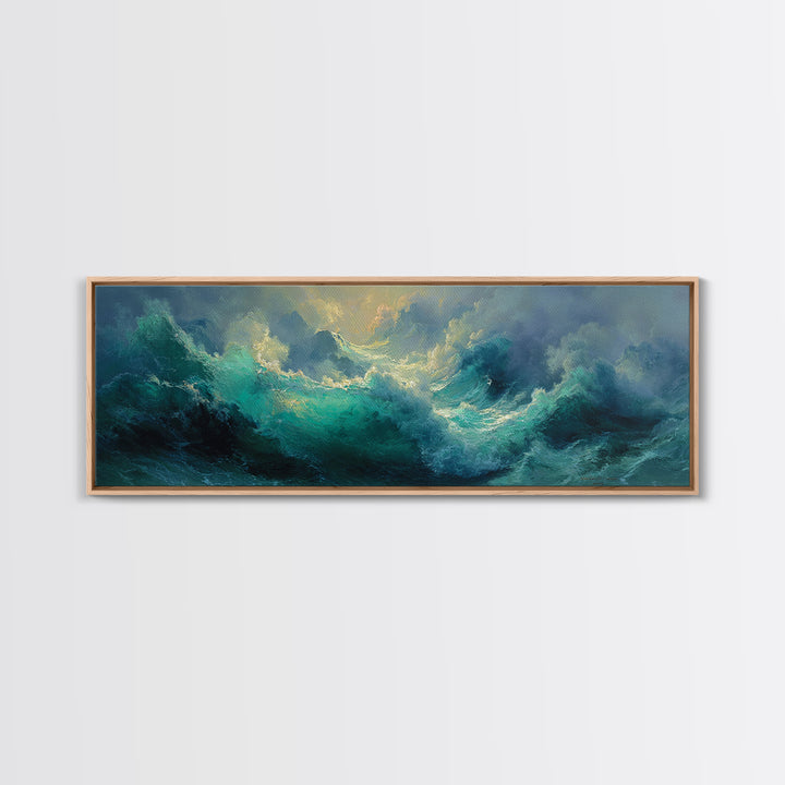 Stormy Turquoise Ocean Waves Framed Canvas Print, Moody Seascape, Coastal Wall Art, Nautical Decor, Large Horizontal Art
