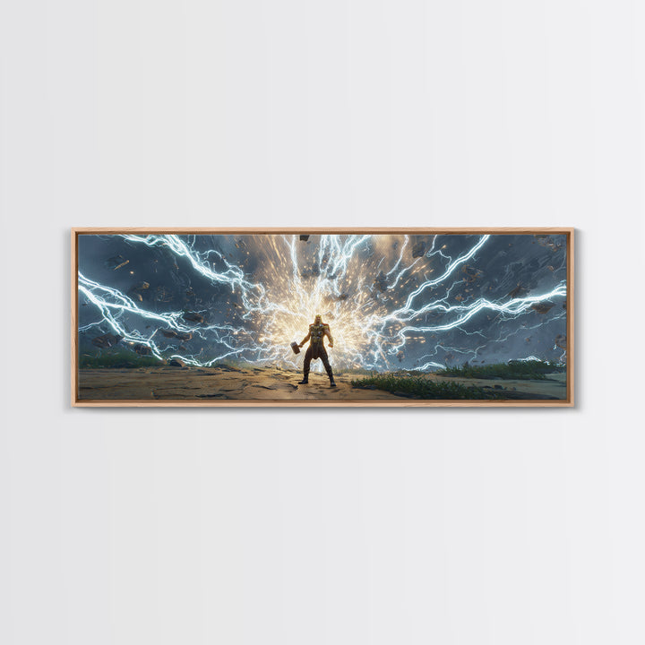 Armored Hero Facing Lightning Portal Canvas Print, Futuristic Sci Fi Wall Art, Cyberpunk Battle Decor, Epic Gaming Room Art
