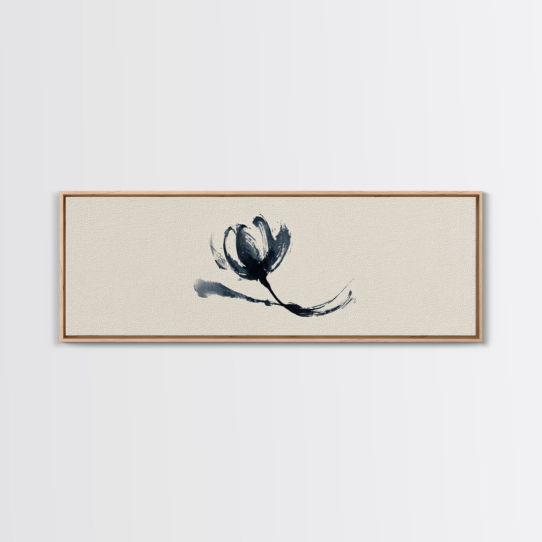 Minimalist Ink Flower On Textured Linen Wall Art, Botanical Canvas Print, Neutral Floral Decor, Japandi Bedroom Wall Art