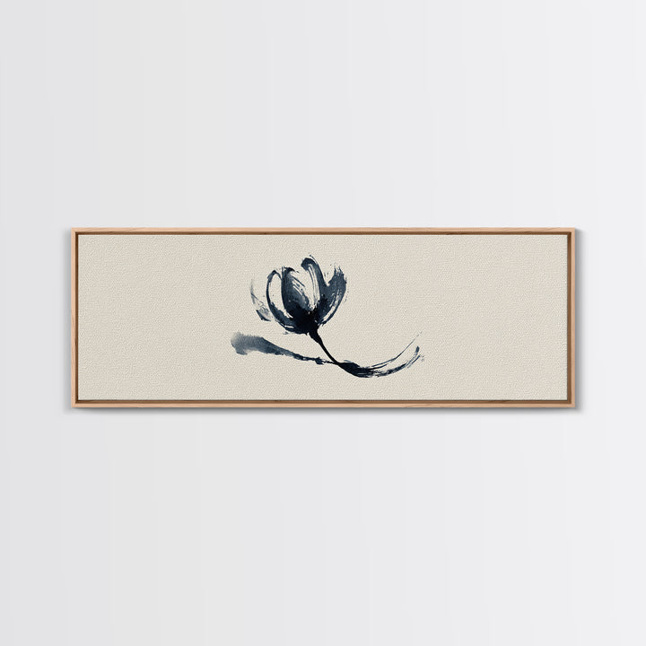 Minimalist Ink Flower On Textured Linen Wall Art, Botanical Canvas Print, Neutral Floral Decor, Japandi Bedroom Wall Art