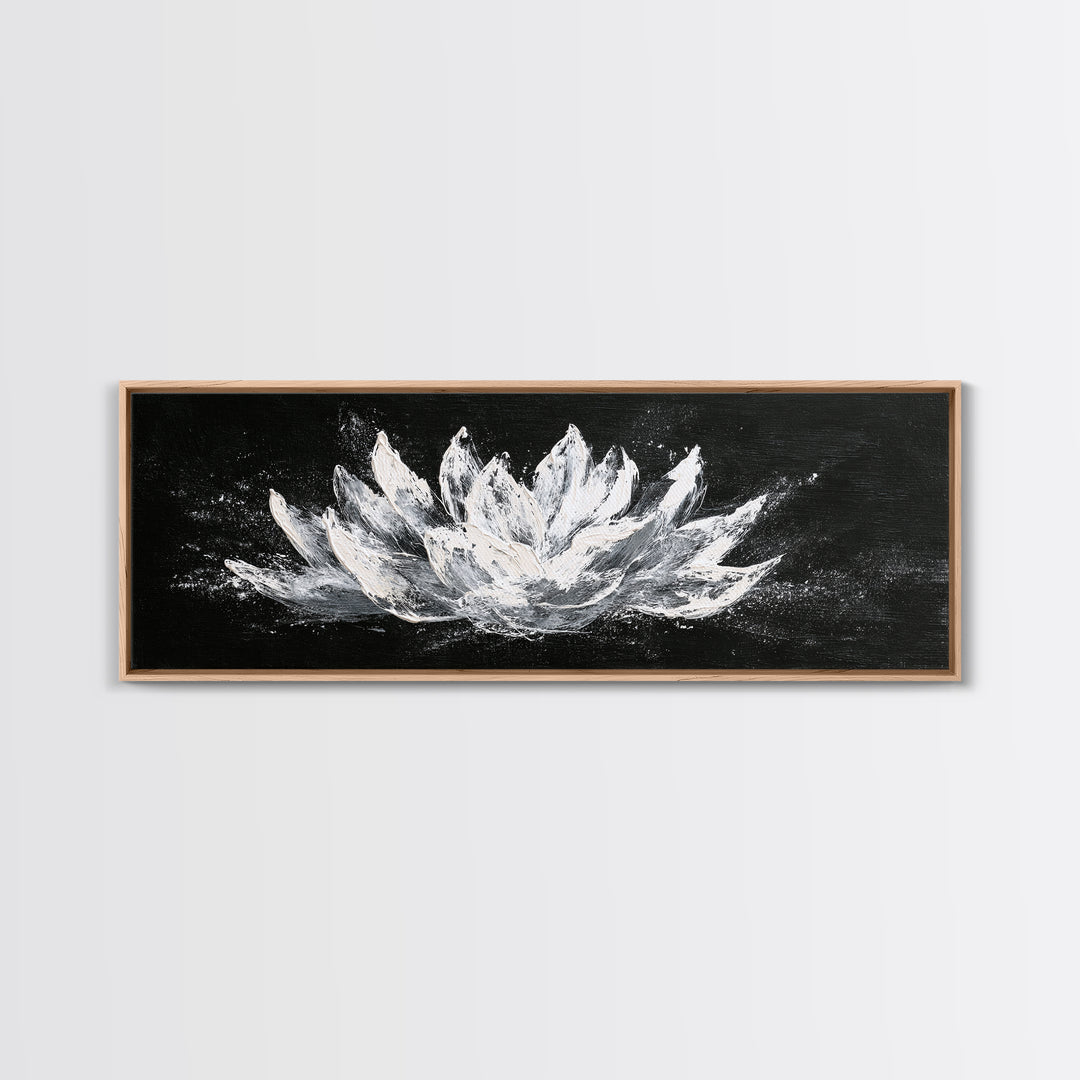 Black And White Lotus Flower Canvas Print, Textured Floral Painting, Minimalist Spa Decor, Elegant Modern Bathroom Wall Art