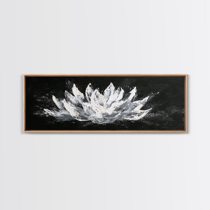 Black And White Lotus Flower Canvas Print, Textured Floral Painting, Minimalist Spa Decor, Elegant Modern Bathroom Wall Art