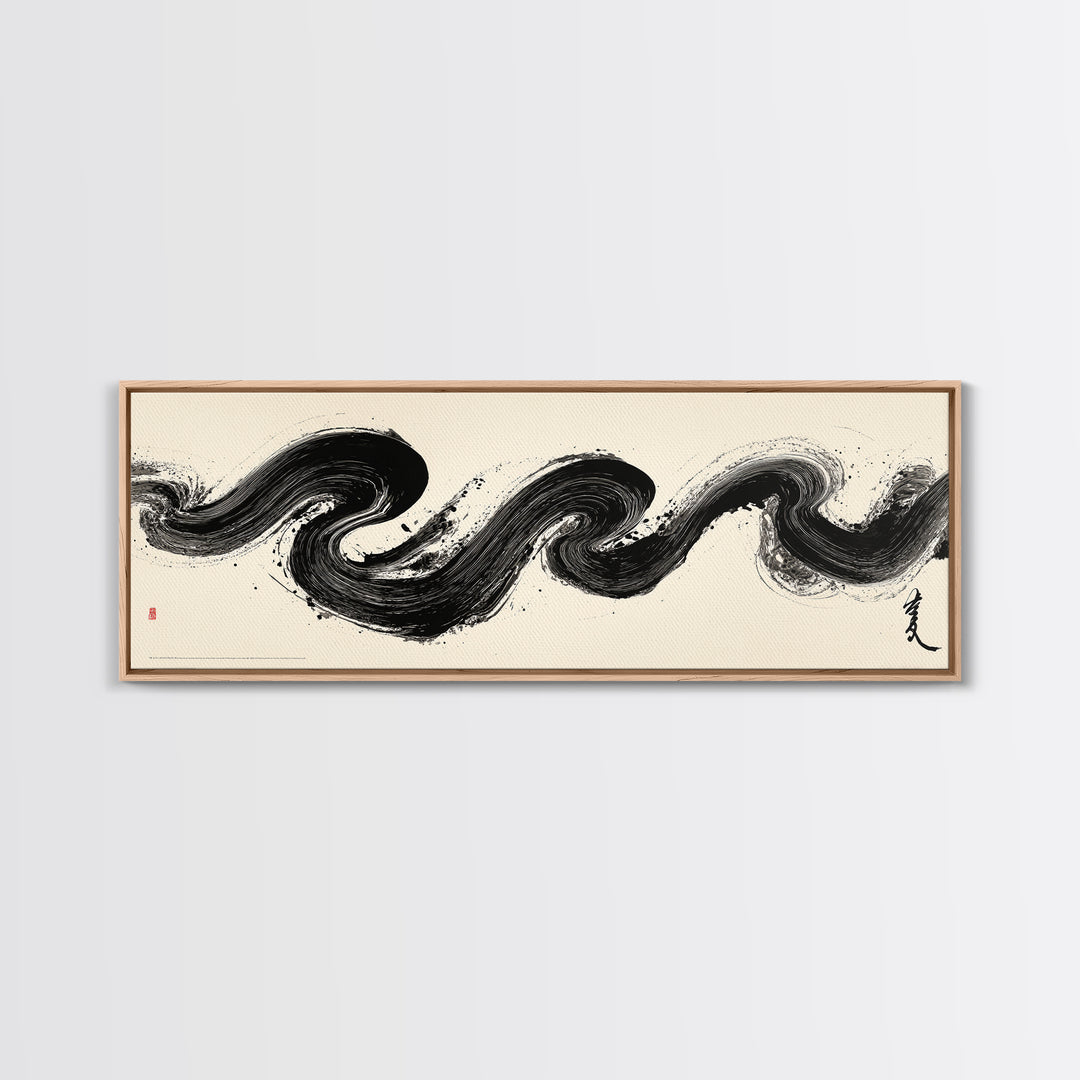 Abstract Black Ink Wave Brushstroke Wall Art, Minimalist Japanese Canvas Print, Zen Calligraphy Decor For Modern Home Wall Decor