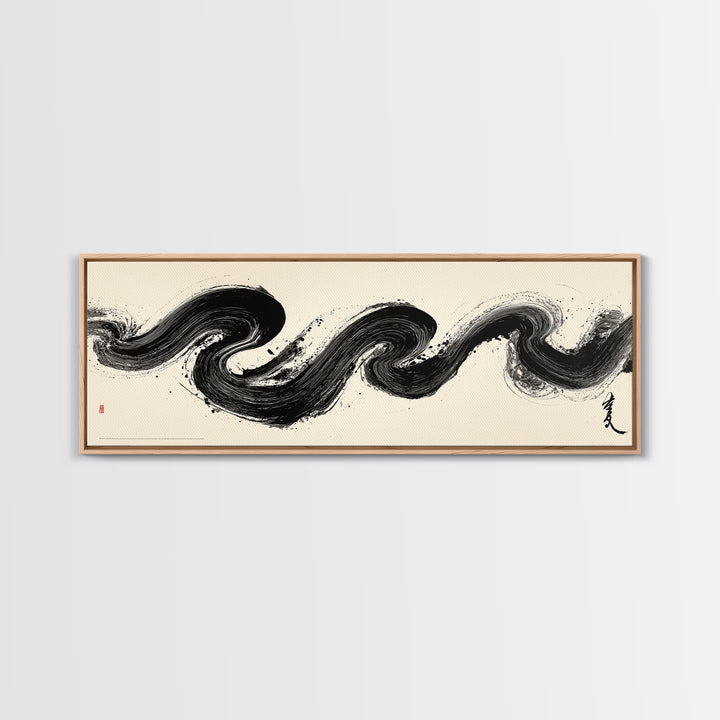 Abstract Black Ink Wave Brushstroke Wall Art, Minimalist Japanese Canvas Print, Zen Calligraphy Decor For Modern Home Wall Decor