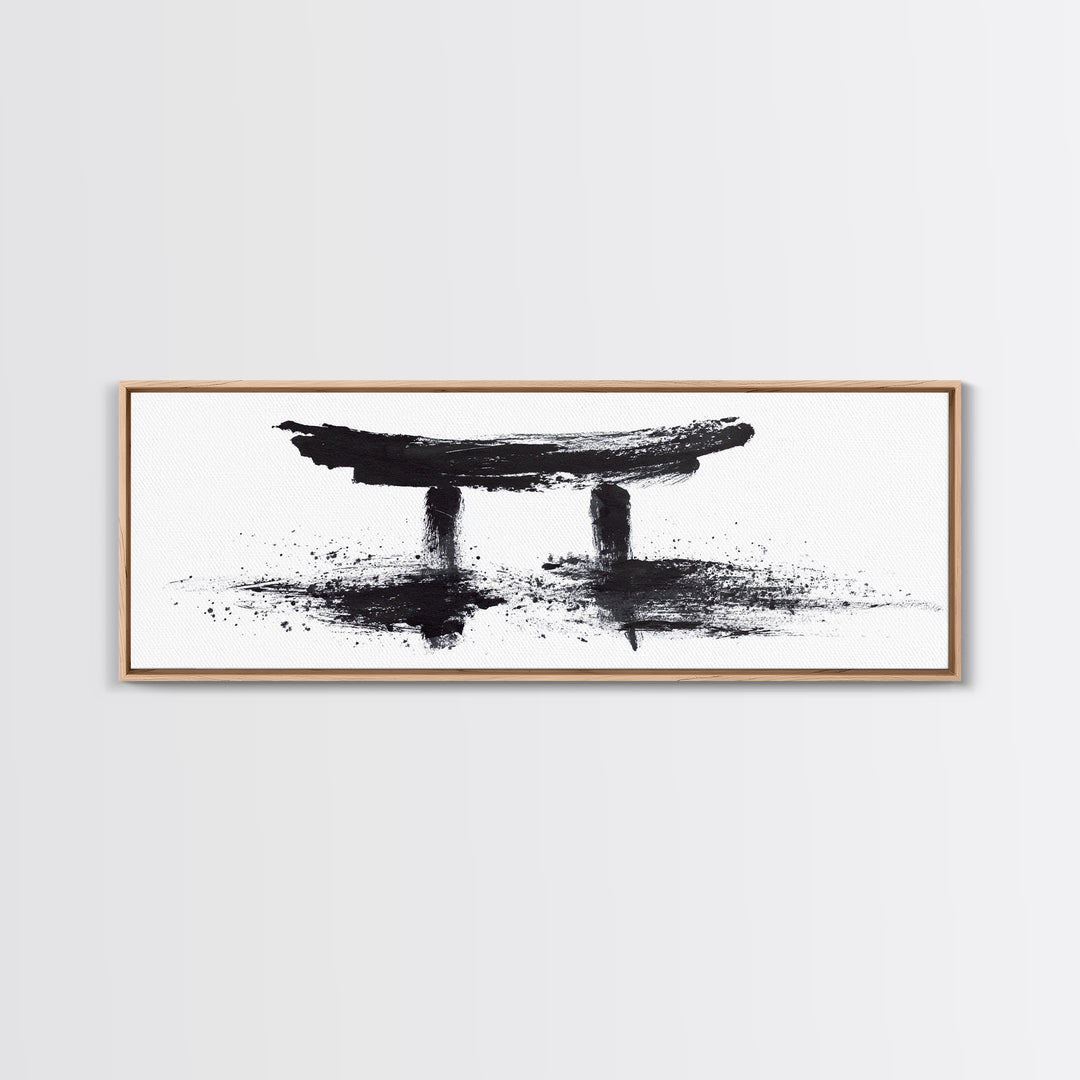 Black Ink Japanese Torii Gate Wall Art, Minimalist Canvas Print, Zen Calligraphy Decor, Black And White Japandi Office Wall Decor