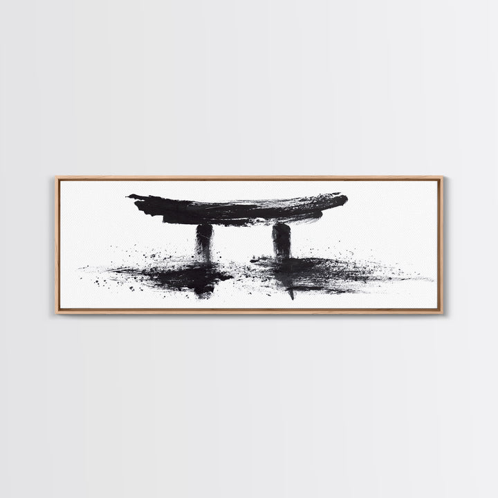 Black Ink Japanese Torii Gate Wall Art, Minimalist Canvas Print, Zen Calligraphy Decor, Black And White Japandi Office Wall Decor