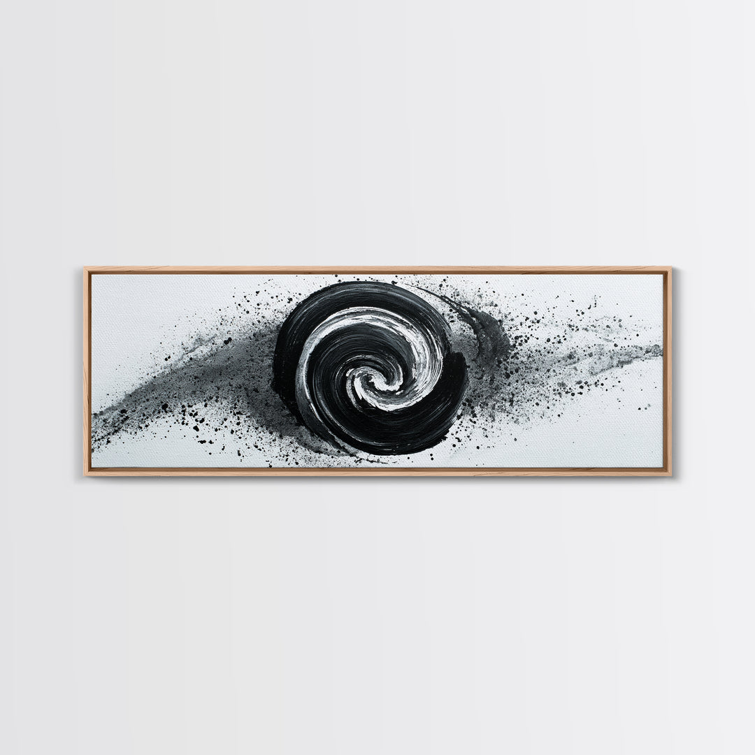 Black And White Spiral Wall Art, Abstract Ink Brush Circle Canvas Print, Monochrome Modern Office Decor, Minimalist Art Print