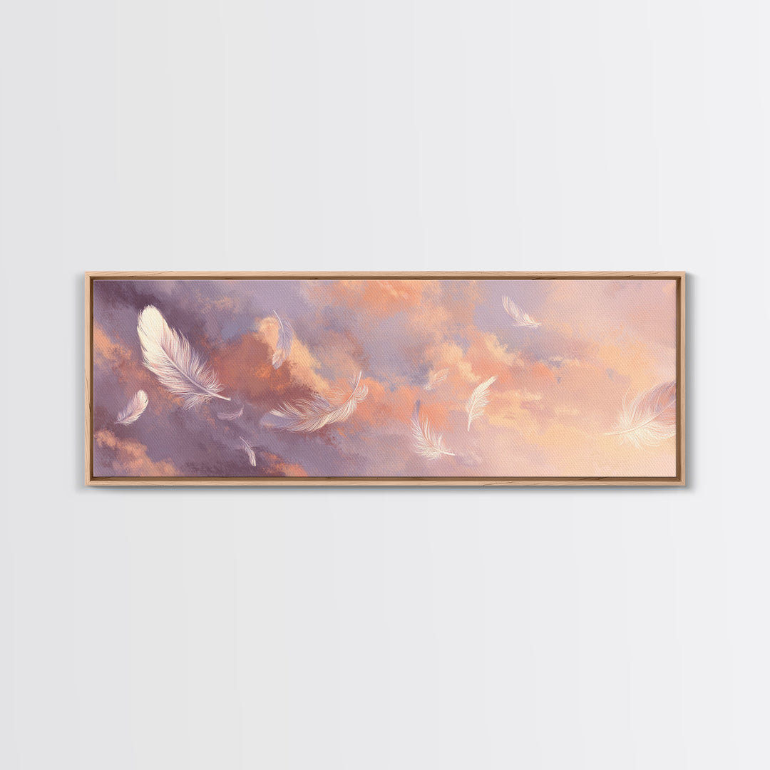 Floating White Feathers Canvas Print, Pastel Sky Wall Art, Dreamy Cloud Decor, Calming Bedroom Or Nursery Artwork Gift For Her