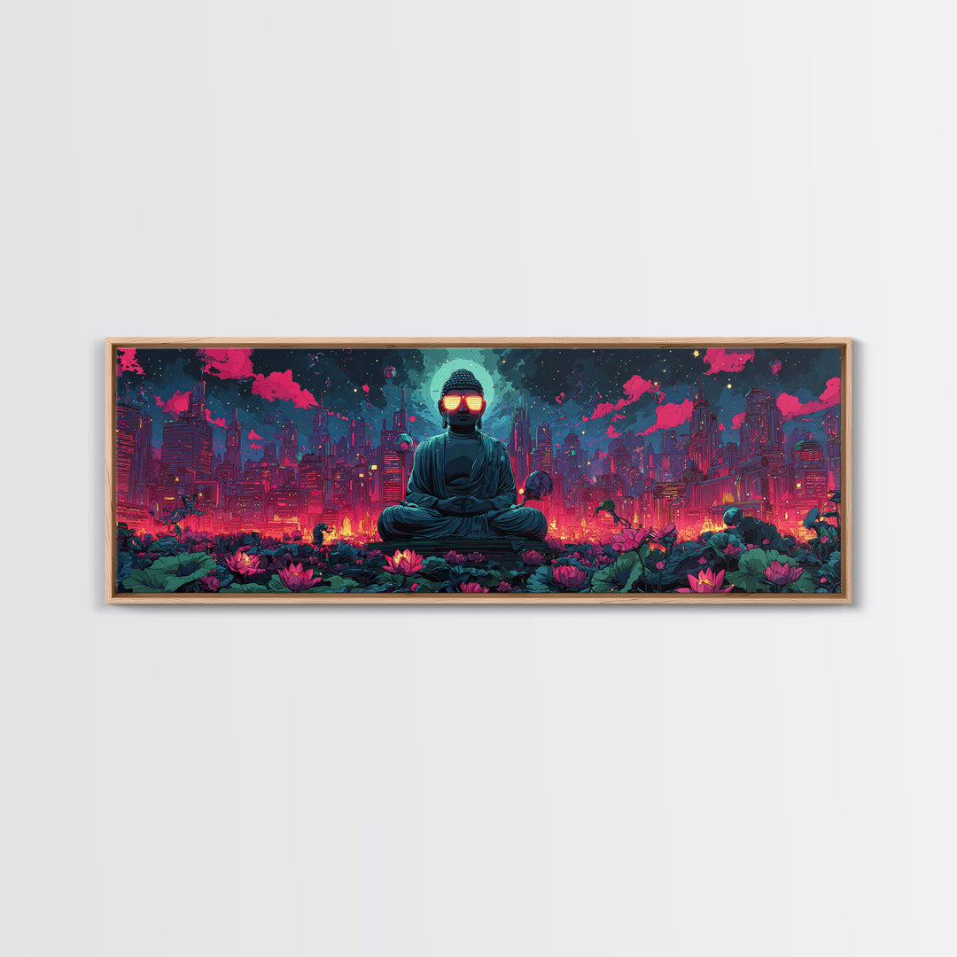Neon Cyberpunk Buddha City Canvas Print, Futuristic Wall Art, Meditation Decor, Lotus Garden, Gaming Room Poster, Sci Fi Home Decor