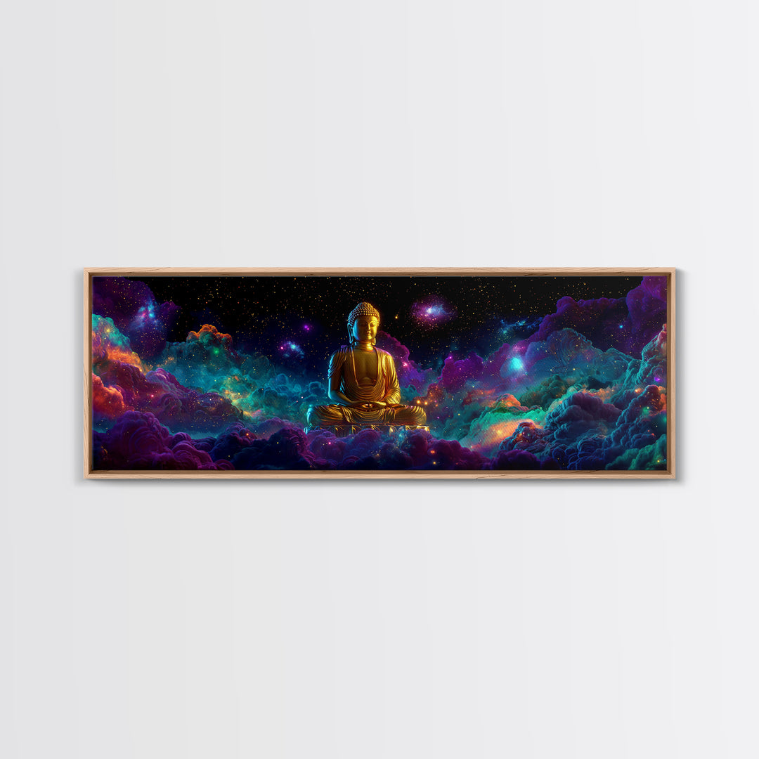 Golden Buddha In Cosmic Nebula Clouds Wall Art, Meditation Room Decor, Spiritual Canvas, Yoga Studio, Celestial Print Gift