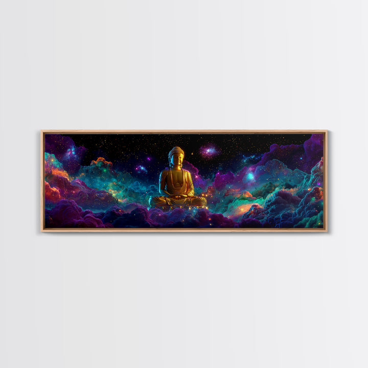 Golden Buddha In Cosmic Nebula Clouds Wall Art, Meditation Room Decor, Spiritual Canvas, Yoga Studio, Celestial Print Gift