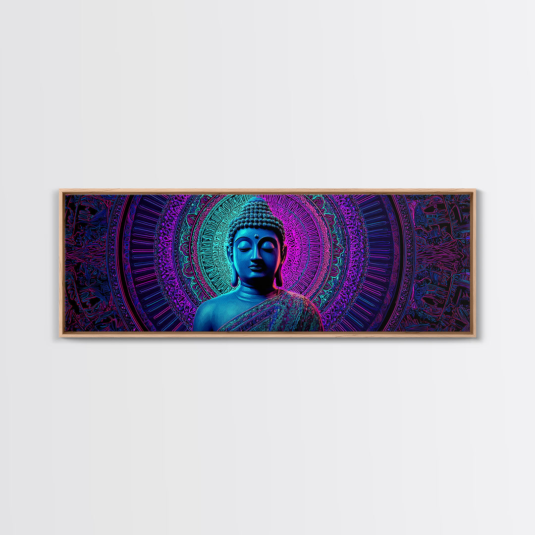 Neon Blue Buddha Meditation Wall Art, Framed Canvas Print, Zen Spiritual Decor, Mandala Yoga Room And Calming Spa Wall Decor