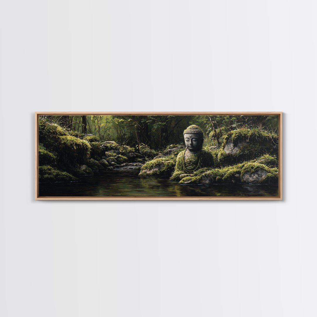 Mossy Buddha Forest Stream Wall Art, Zen Meditation Canvas Print For Spa Decor, Japandi Bathroom Decor And Nature Wall Art
