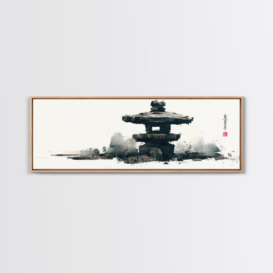 Minimal Japanese Pagoda Ink Wash Wall Art, Zen Framed Canvas Print For Japandi Decor, Asian Wall Decor And Meditation Room