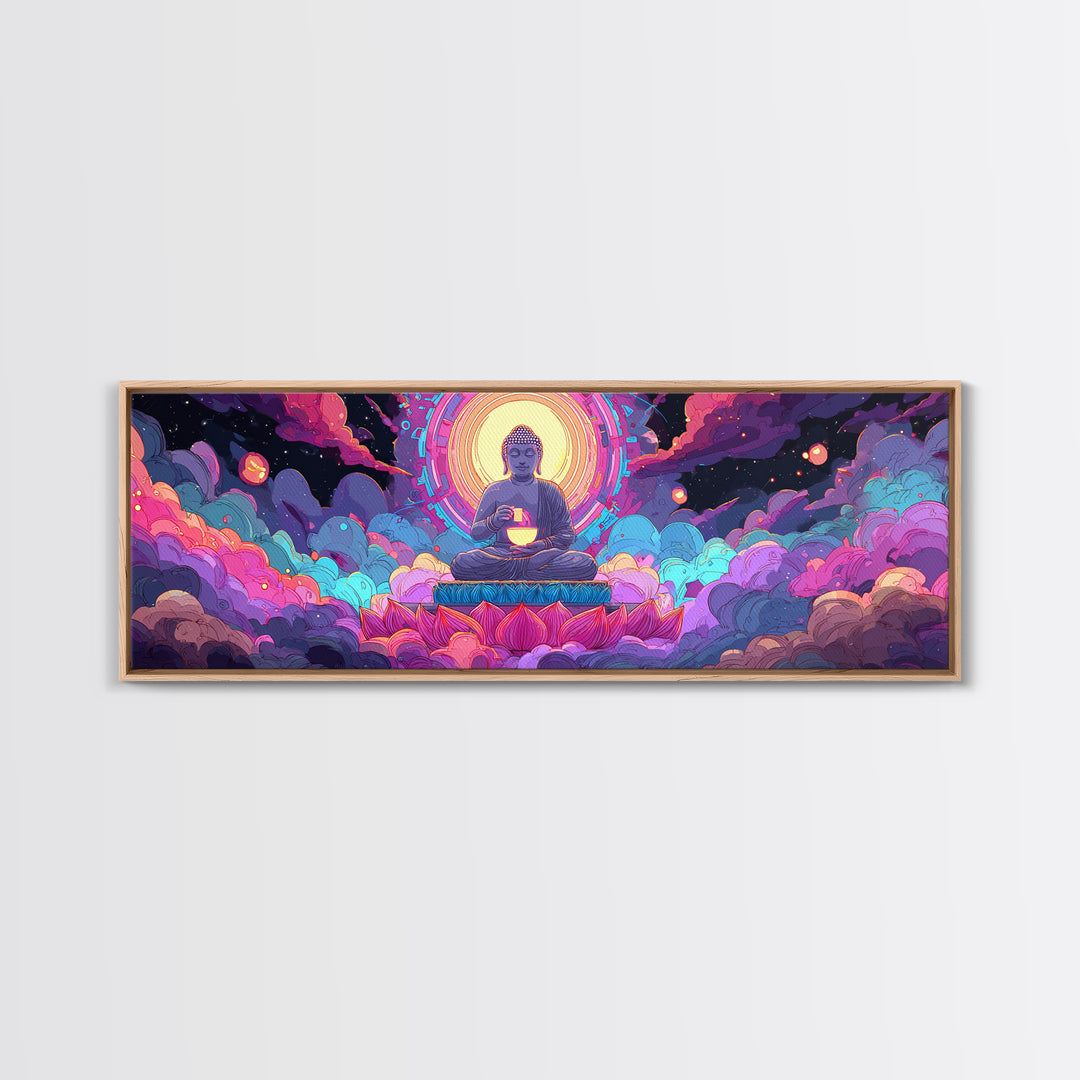 Radiant Buddha Lotus Meditation Canvas Print, Psychedelic Celestial Wall Art For Yoga Studio, Spiritual Home Decor Print