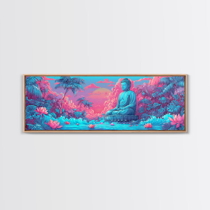 Pink Blue Buddha Garden Wall Art, Zen Meditation Canvas Print, Lotus Flower Spiritual Decor, Tropical Calming Room Art Print