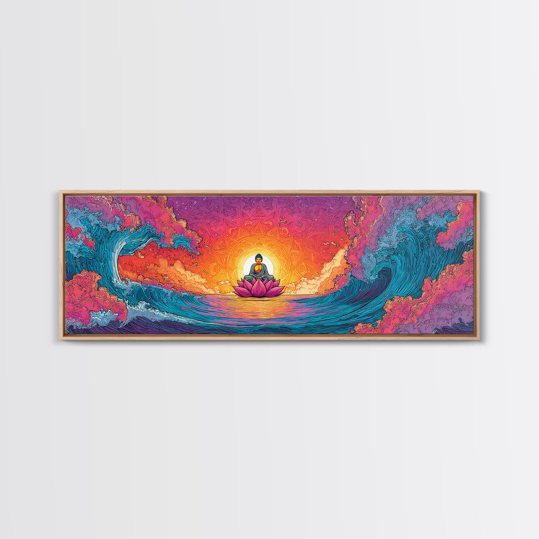 Pixel Buddha On Lotus Waves Wall Art, Celestial Meditation Canvas Print, Zen Yoga Room Decor, Vibrant Spiritual Gift For Home Decor
