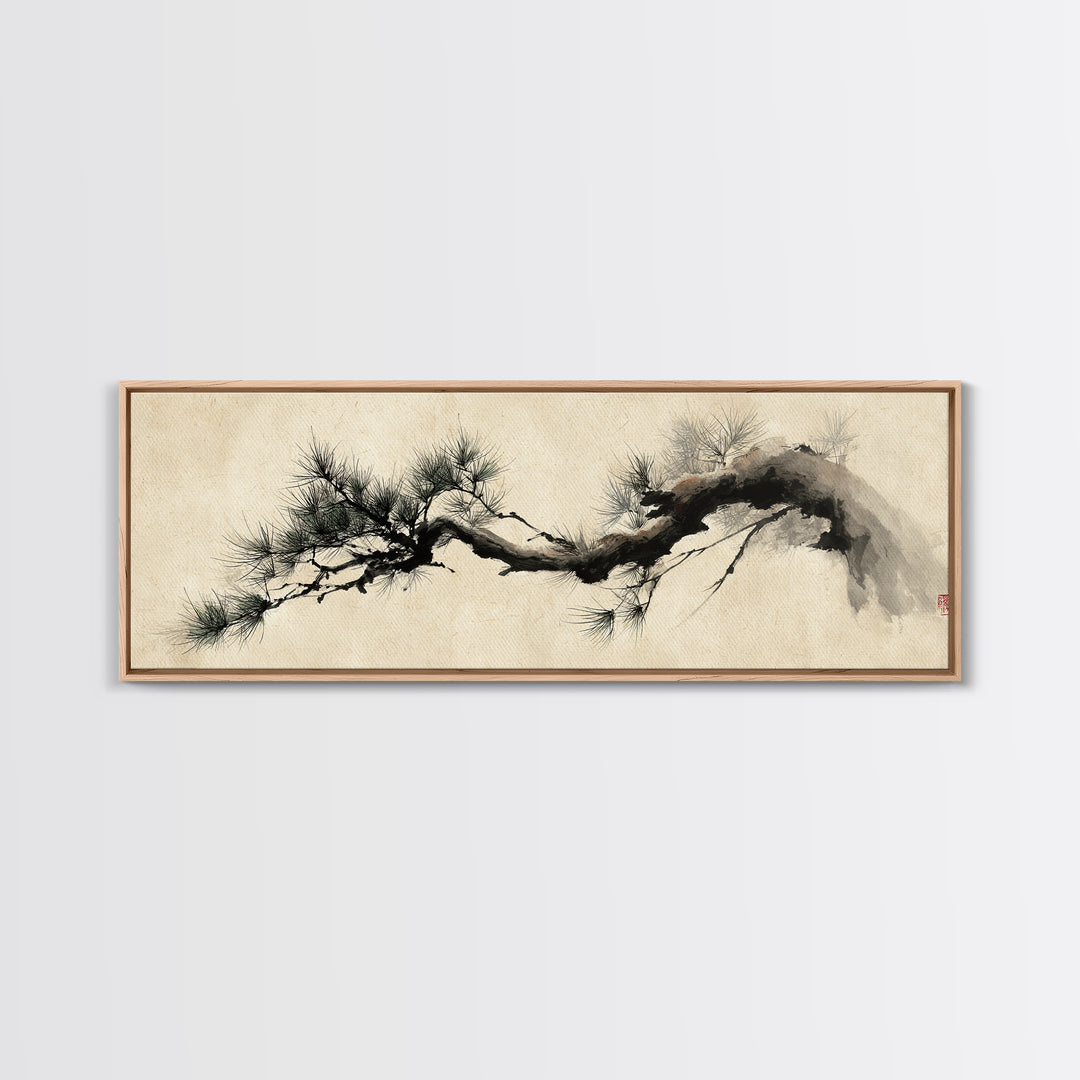 Japanese Ink Pine Branch Wall Art, Minimalist Zen Canvas Print, Asian Botanical Decor, Wabi Sabi Living Room Art, Home Decor