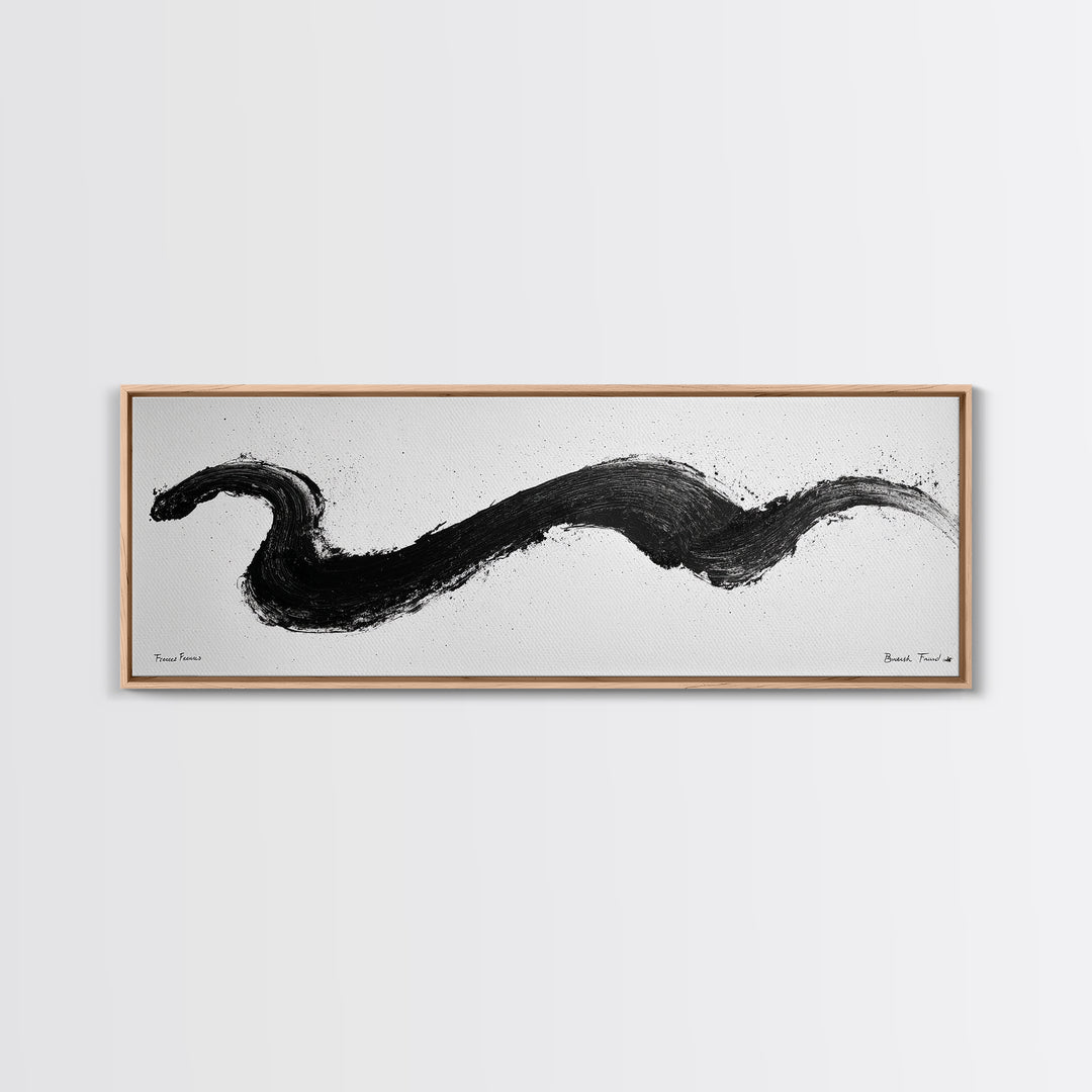 Black Brushstroke Abstract Wall Art, Minimalist Ink Canvas Print, Black And White Modern Office Decor, Horizontal Wall Art