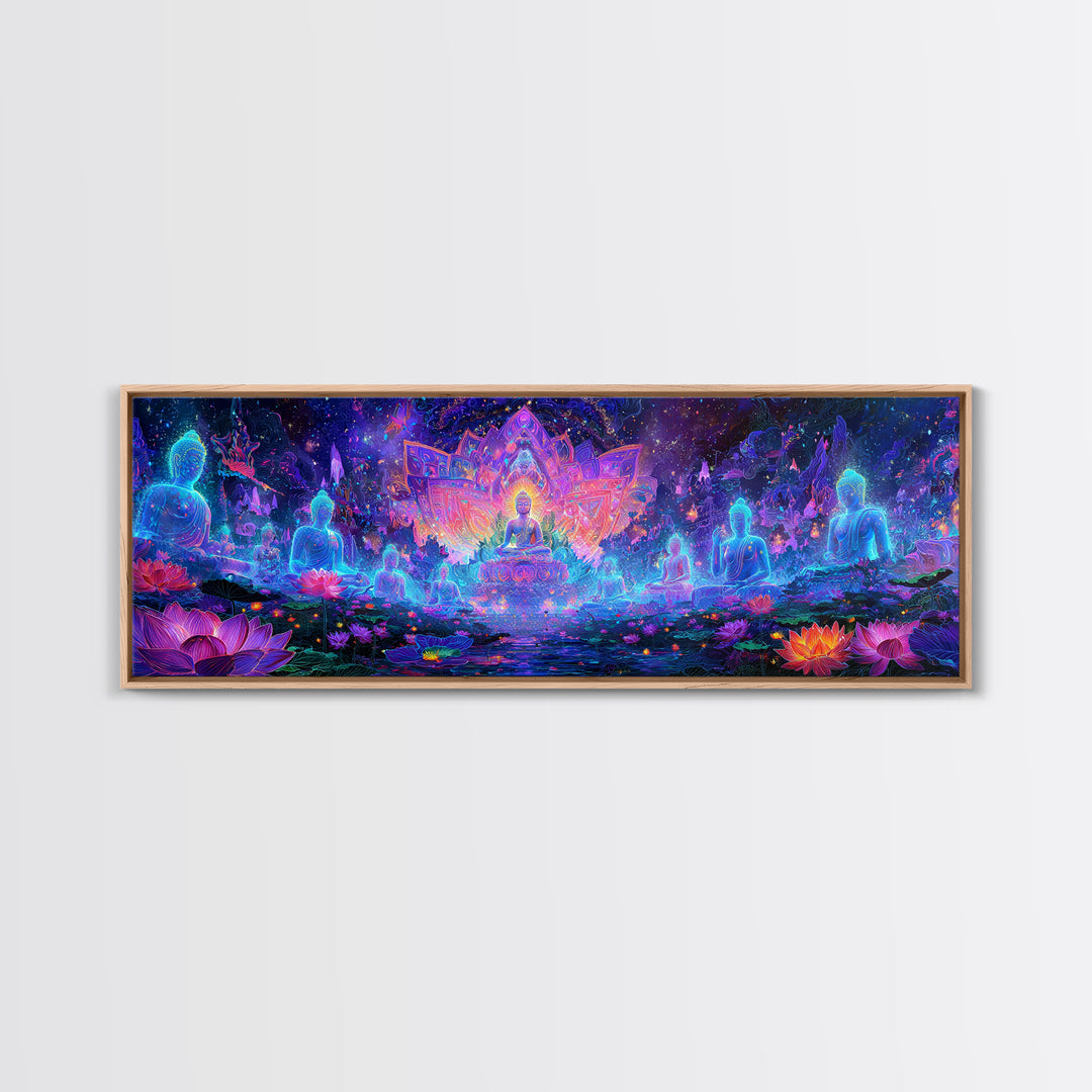 Glowing Lotus Buddha Meditation Wall Art, Psychedelic Spiritual Canvas Print, Yoga Studio Decor, Celestial Mindfulness Gift