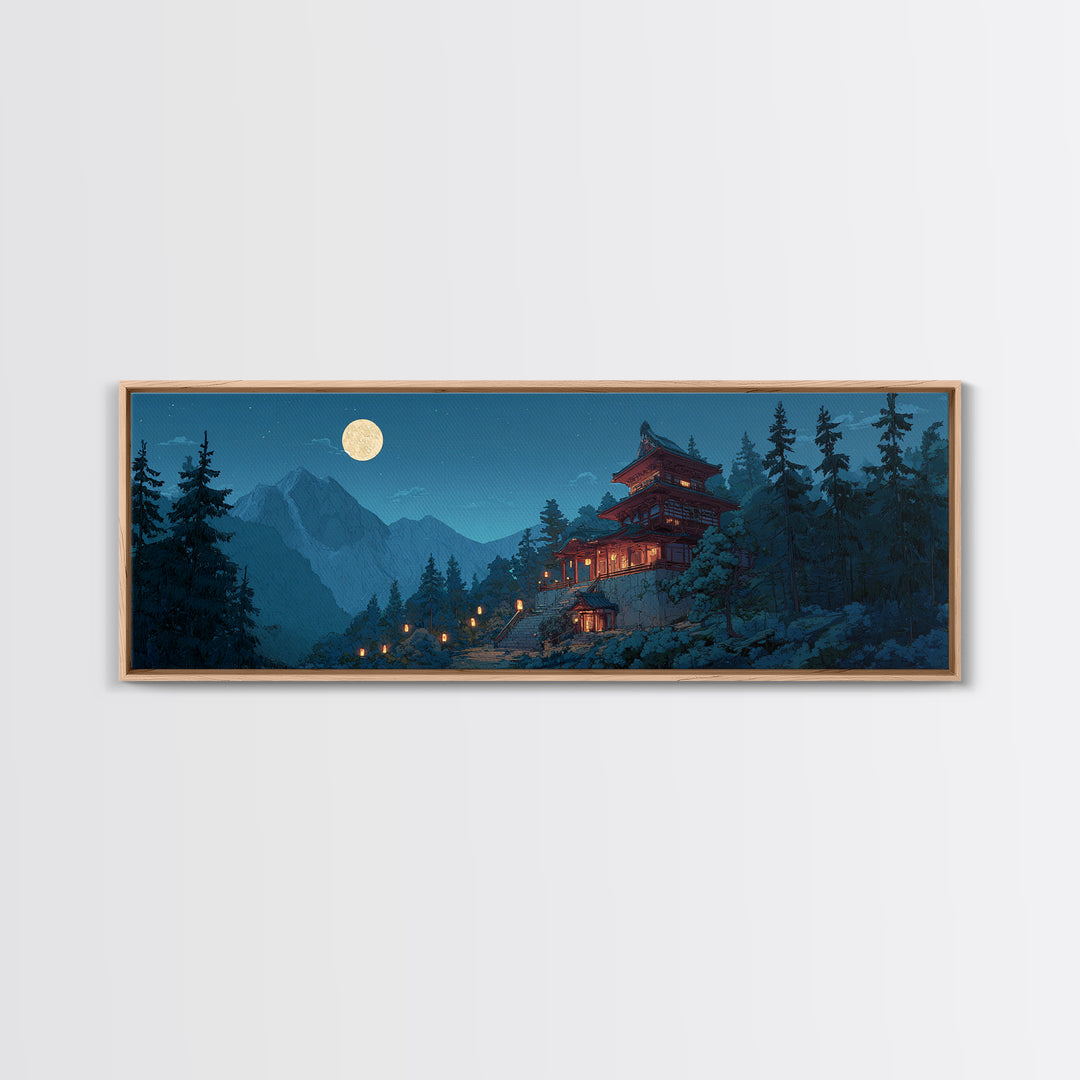 Moonlit Japanese Pagoda In Snowy Pines Wall Art, Japandi Mountain Landscape Canvas Print, Zen Decor, Serene Winter Home Decor