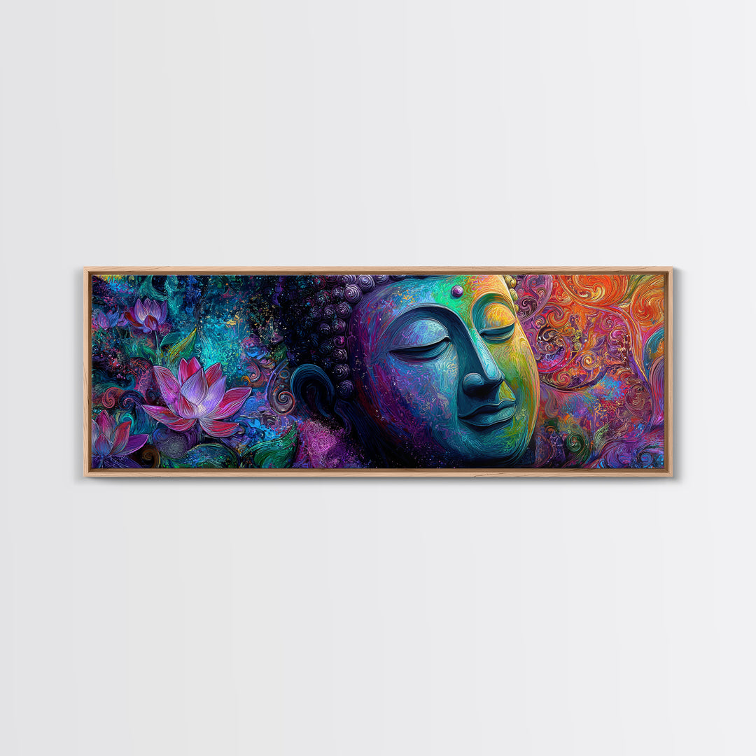 Vibrant Buddha With Lotus Framed Canvas Print, Psychedelic Spiritual Wall Art, Meditation Decor, Colorful Yoga Room Art Print