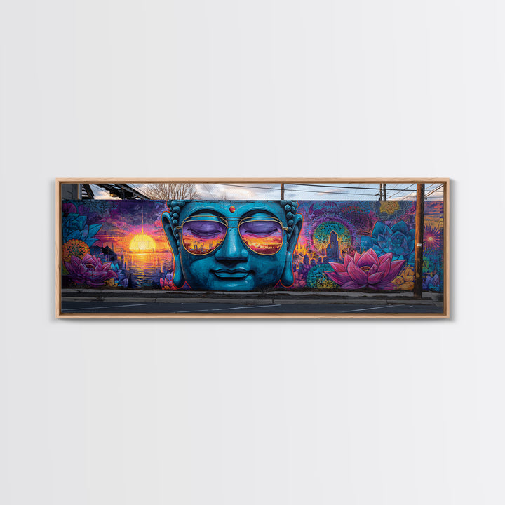 Buddha Mural With Sunset Sunglasses Wall Art, Urban Graffiti Canvas Print, Meditation Decor, Lotus Street Art, Calming Zen Gift