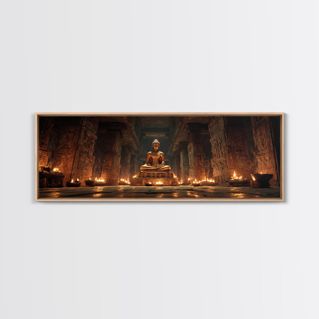Golden Buddha In Candlelit Temple Framed Canvas Print, Spiritual Meditation Wall Art, Zen Spa Decor For Prayer Room And Yoga Room