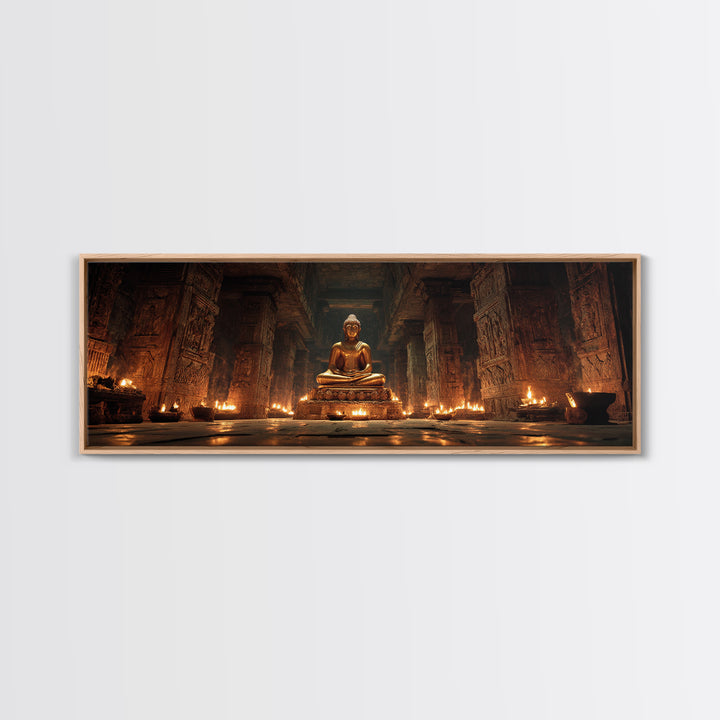 Golden Buddha In Candlelit Temple Framed Canvas Print, Spiritual Meditation Wall Art, Zen Spa Decor For Prayer Room And Yoga Room