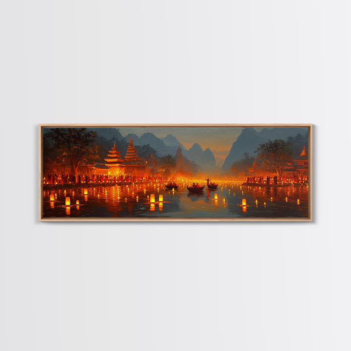 Glowing Lantern Festival Wall Art, Asian River Temple Canvas Print, Magical Night Landscape, Travel Inspired Home Decor Print