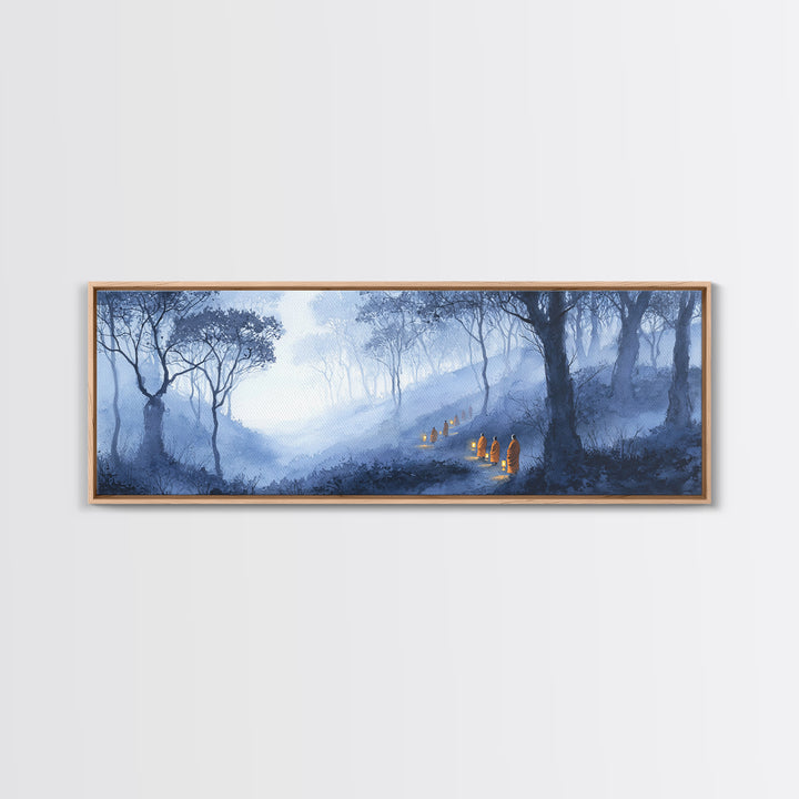 Misty Blue Enchanted Forest Wall Art, Hooded Lantern Path Fantasy Landscape, Dark Academia Decor, Gothic Canvas Print Gift