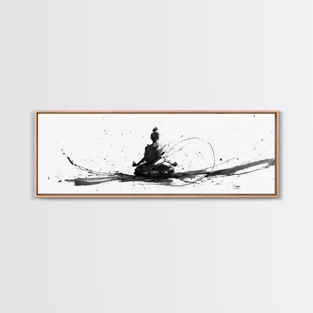 Minimalist Ink Meditation Figure Wall Art, Black And White Zen Canvas Print, Mindfulness Decor For Yoga Studio And Office