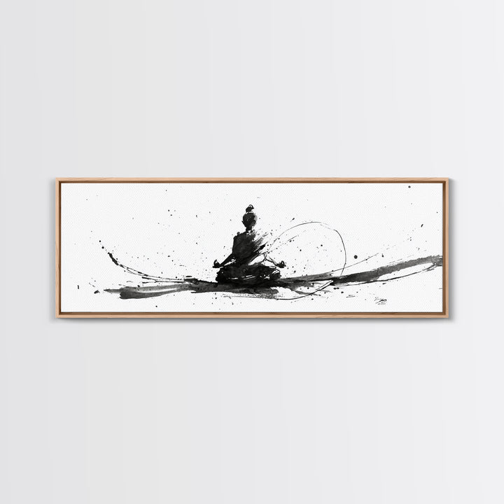 Minimalist Ink Meditation Figure Wall Art, Black And White Zen Canvas Print, Mindfulness Decor For Yoga Studio And Office
