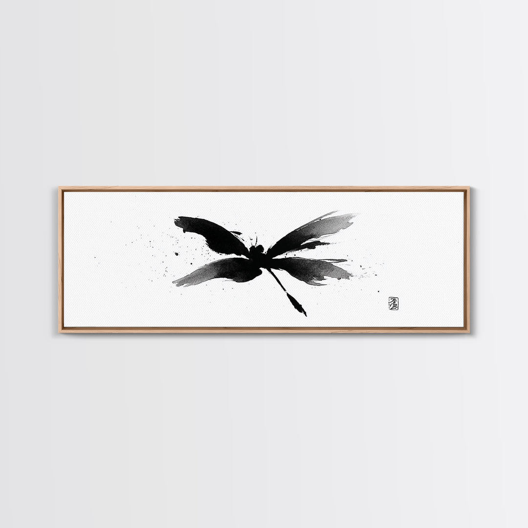 Black Ink Dragonfly Wall Art, Minimalist Japanese Brush Painting, Zen Decor, Black And White Art, Horizontal Canvas Print