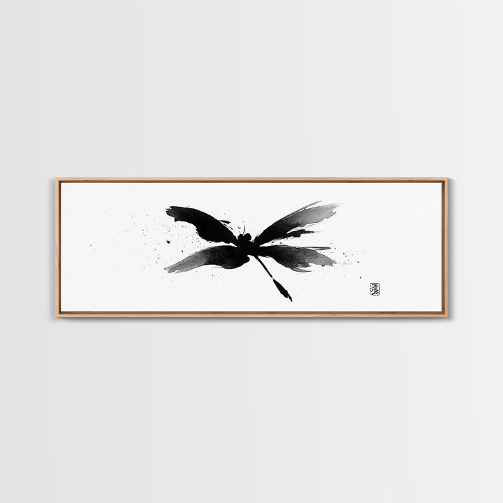 Black Ink Dragonfly Wall Art, Minimalist Japanese Brush Painting, Zen Decor, Black And White Art, Horizontal Canvas Print