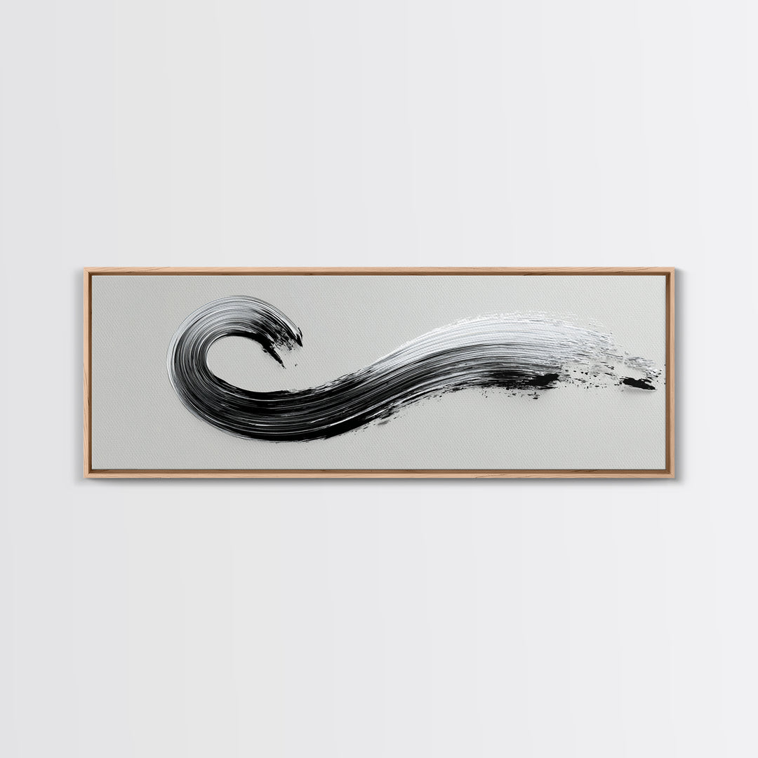 Black Ink Wave Canvas Print, Minimalist Wall Art, Japanese Sumi Painting, Abstract Line Art, Neutral Decor, Zen Office Poster