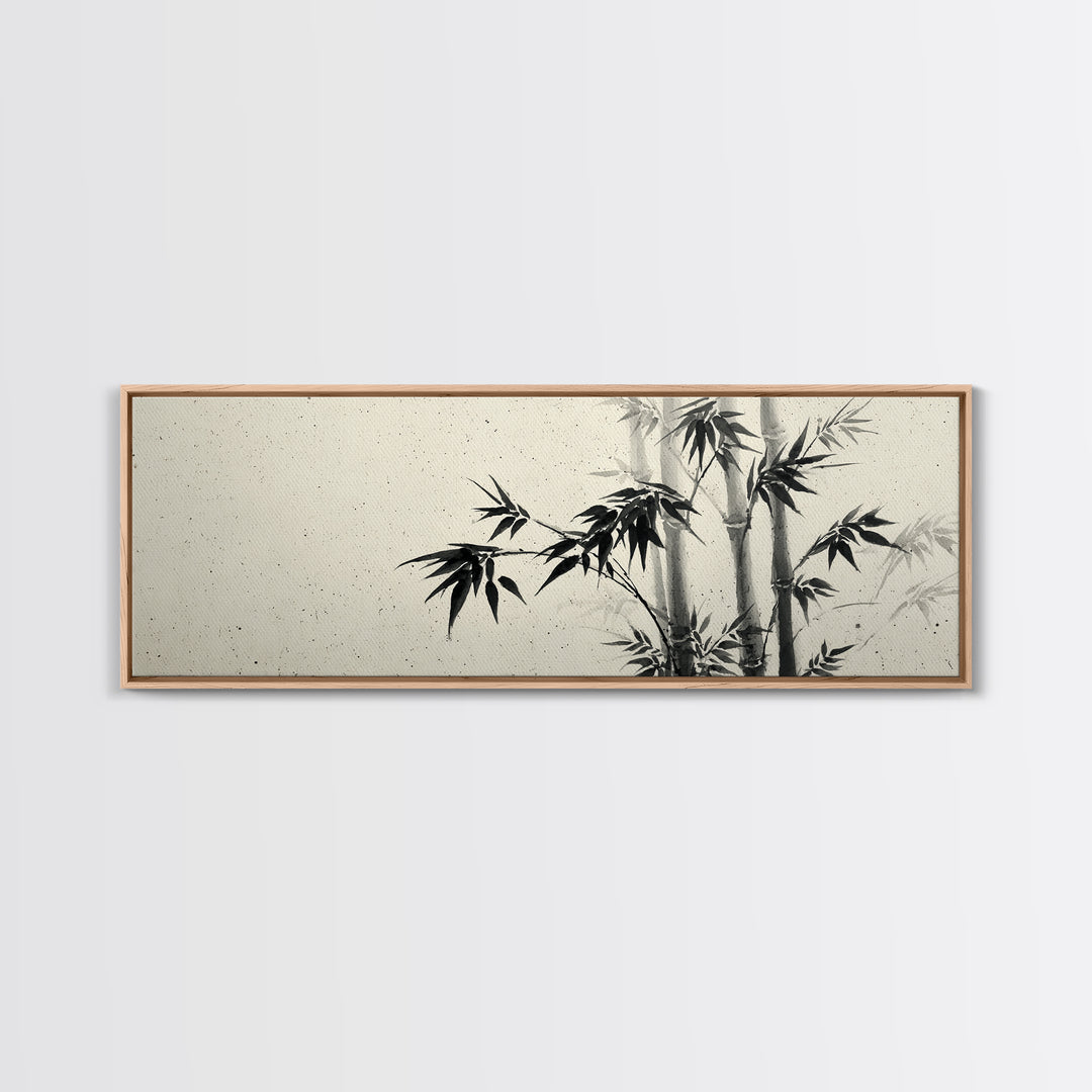 Minimalist Black Ink Bamboo Wall Art, Japanese Sumi Brush Canvas Print, Zen Botanical Decor For Calm Living Room Wall Decor